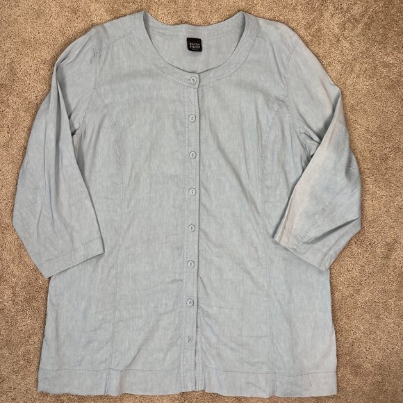 Eileen Fisher Woman Shirt 2X Blue Tunic Linen Blend Button Front Top Classic - Picture 1 of 8